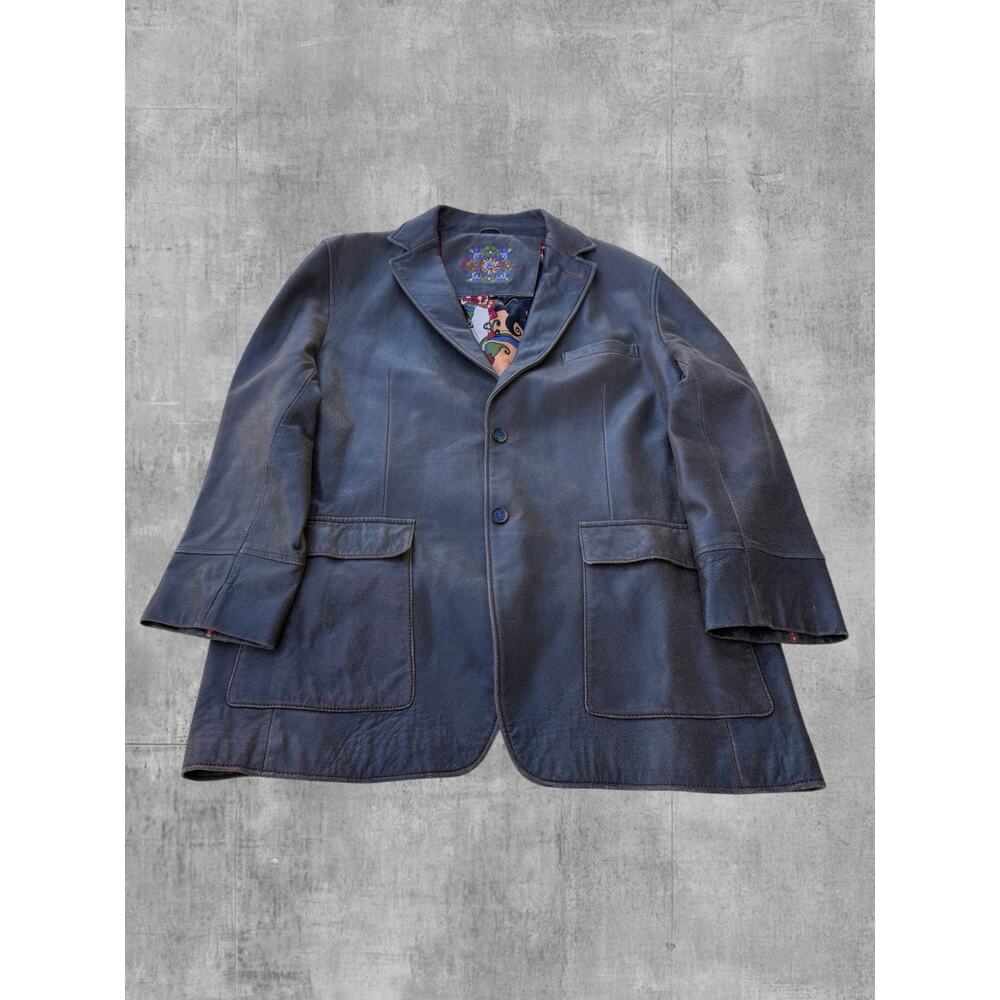 Robert Graham Brown Leather Blazer Sport Coat Distressed Jacket Mens 44 Floral